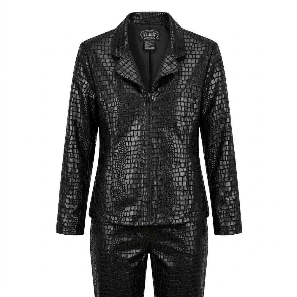 Selene Sport Black Faux Alligator Embossed 2 Piece Suit Jacket 12 Pants 10 Y2K‎